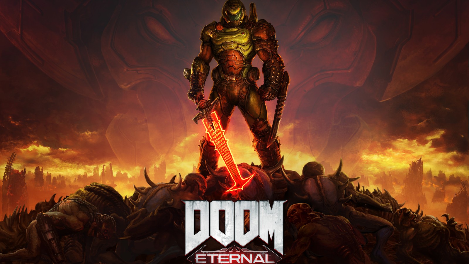 Doom eternal llega a la tienda de nintendo (doom eternal, videojuego, cartel, doomguy, espada)