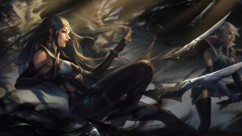 Женщина, сидящая на камне с двумя мечами в руках (irelia, страж, lol, league of legends, видеоигра)