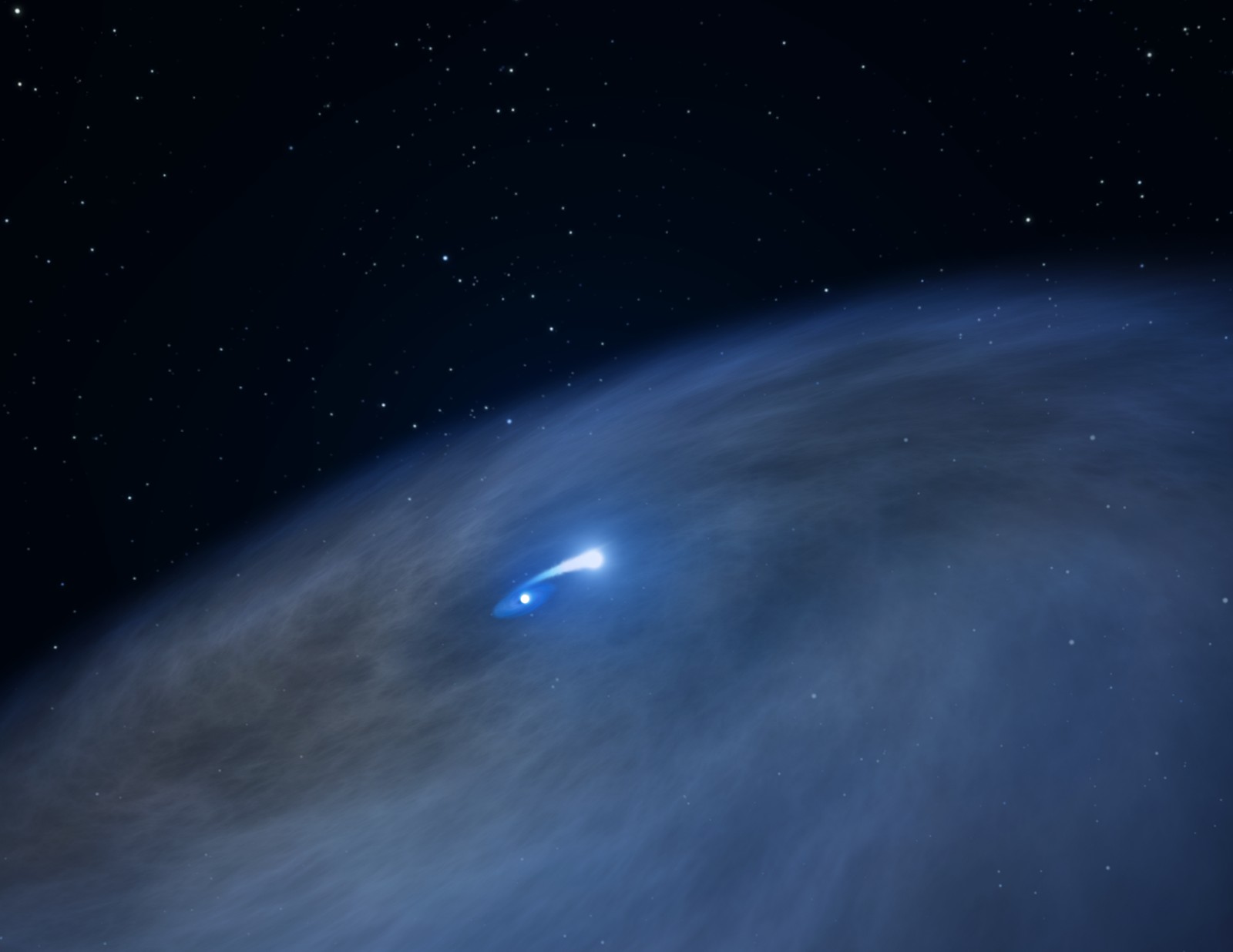 Una estrella azul se ve en el cielo con un disco blanco (telescopio espacial hubble, estrella, universo, nasa, atmósfera)