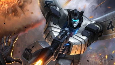 Illustration dynamique de Jazz des Transformers en action avec des armes futuristes