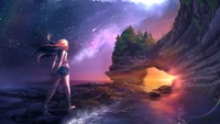 Anime Girl at Sunset Under Starry Sky with Arching Cliff