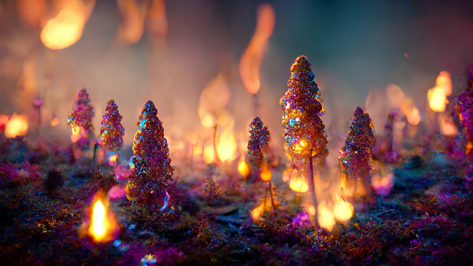 Un primer plano de un montón de pequeños árboles con luces sobre ellos (bosque mágico, fondo bokeh, midjourney, fondo colorido, gráficos cgi)