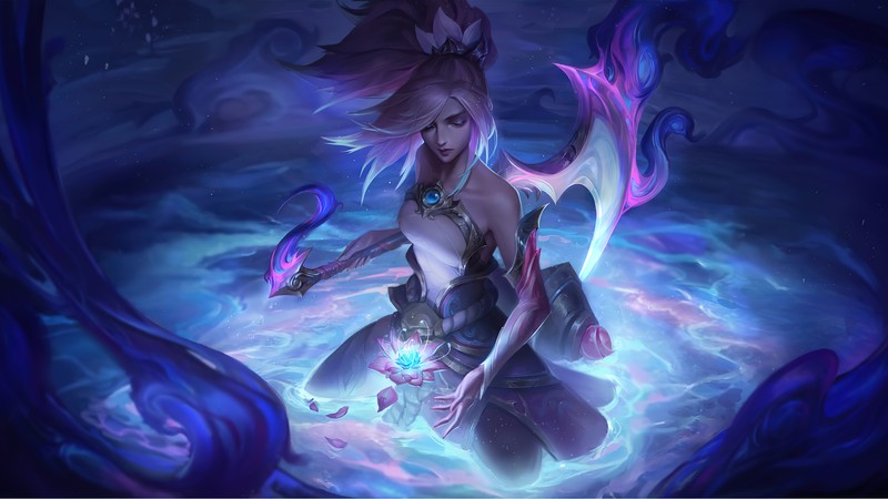 Женщина с мечом в руке и синим фоном (акали, akali, lol, league of legends, видеоигра)