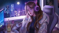 Gemütlicher Gaming-Abend: Anime-Mädchen mit Katze in einer Stadtlandschaft