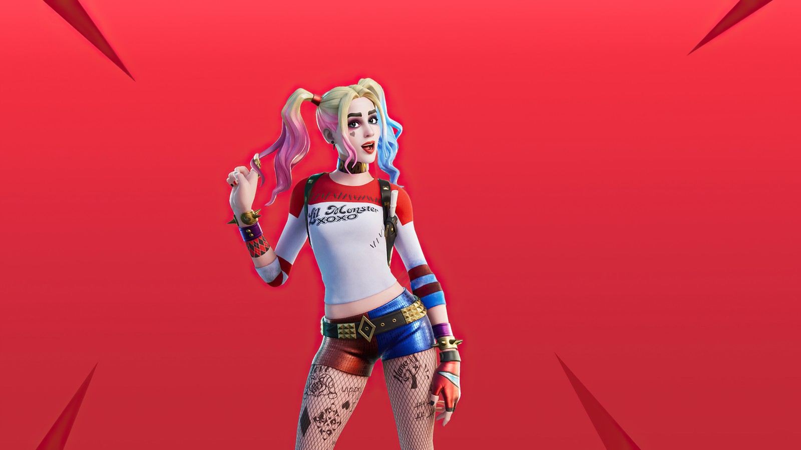 Una mujer con un disfraz, tatuajes y una peluca rosa (harley quinn, fortnite, fortnite battle royale, videojuego)