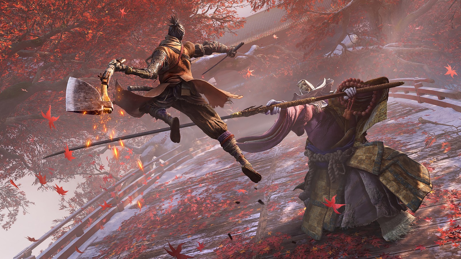 Пара людей в лесу с мечом и драконом (sekiro shadows die twice, бой с боссом, геймплей, игры, обои 4k)