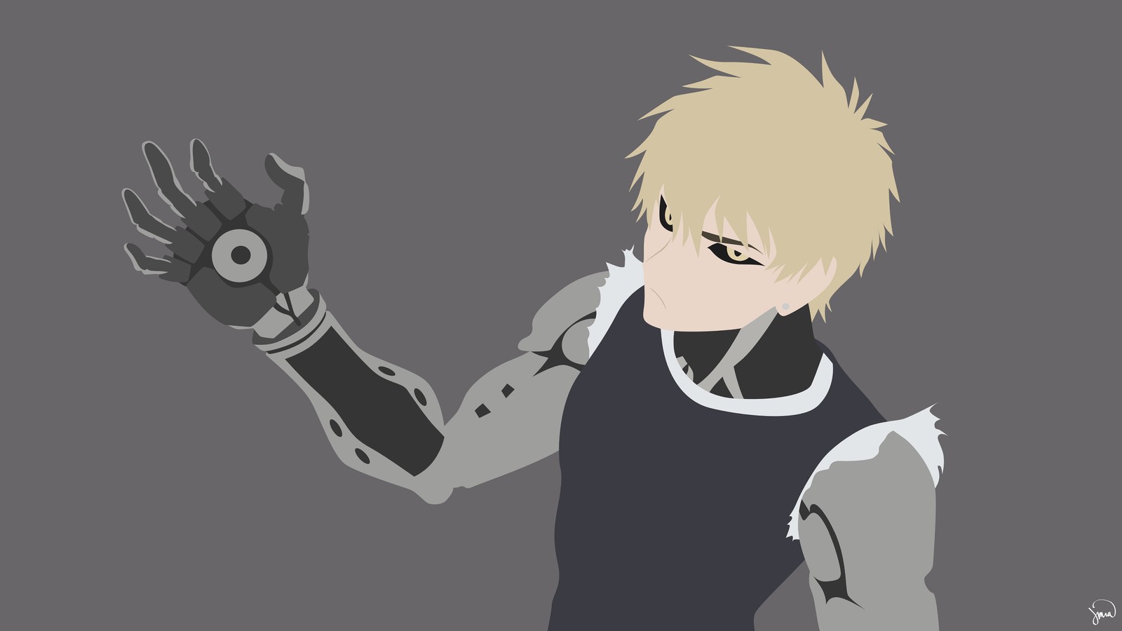 Imagen de dibujos animados de un hombre con un guante en la mano (genos, one punch man, anime, minimalista)