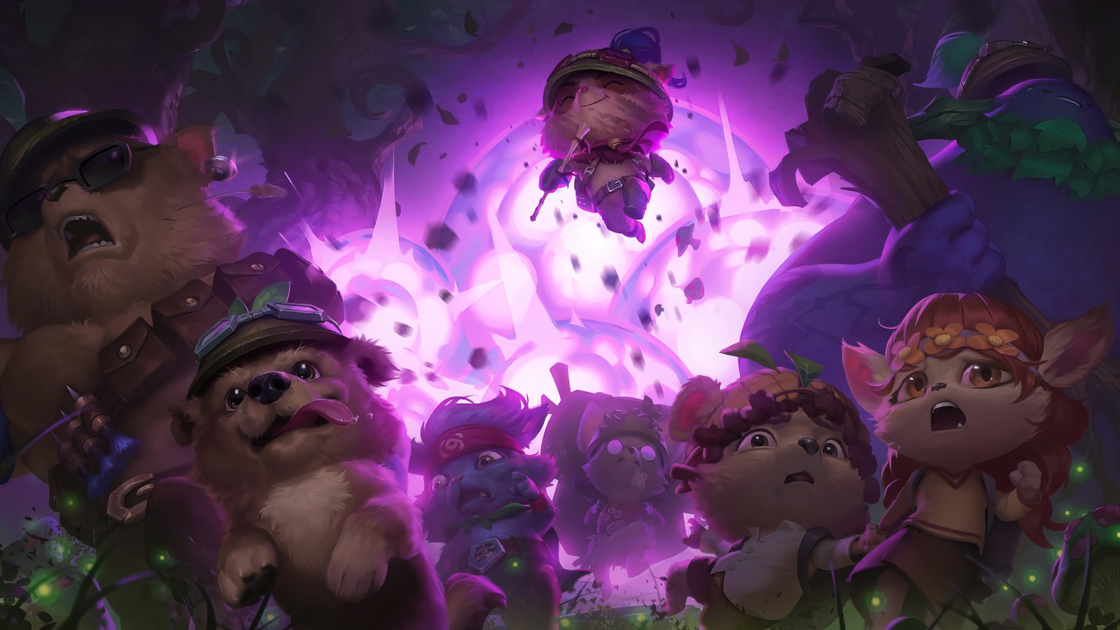 Um grupo de personagens de desenho animado em uma caverna com luz roxa (teemo, lor, legends of runeterra, jogo de vídeo, piltover e zaun)