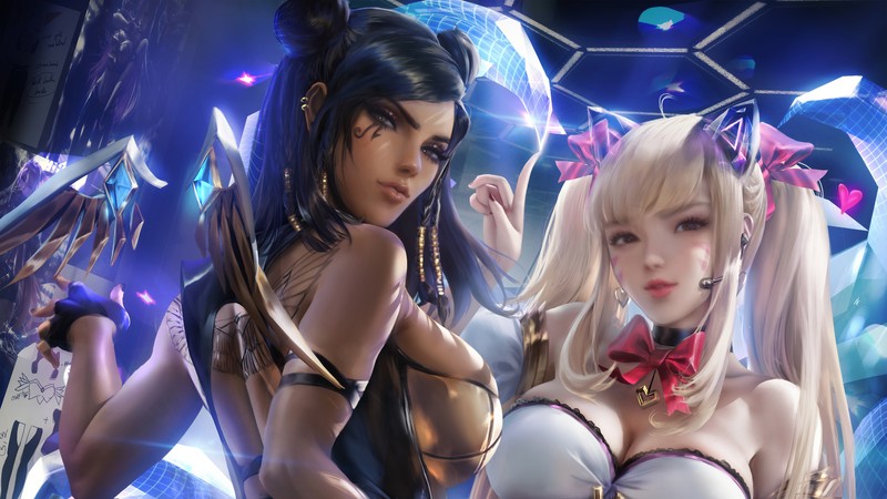 Близкий план двух женщин в костюмах на фоне огней (фара, ахри, ahri, overwatch, видеоигра)