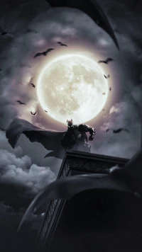 Batman surplombant Gotham sous une pleine lune