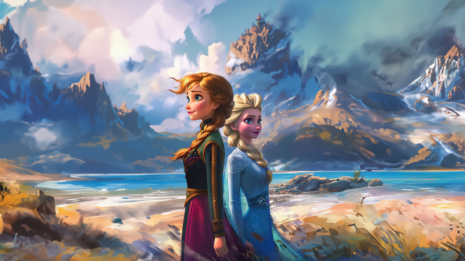 Princesas congeladas de pie frente a un fondo de montaña (frozen, obra de arte, ana, anna, elsa)