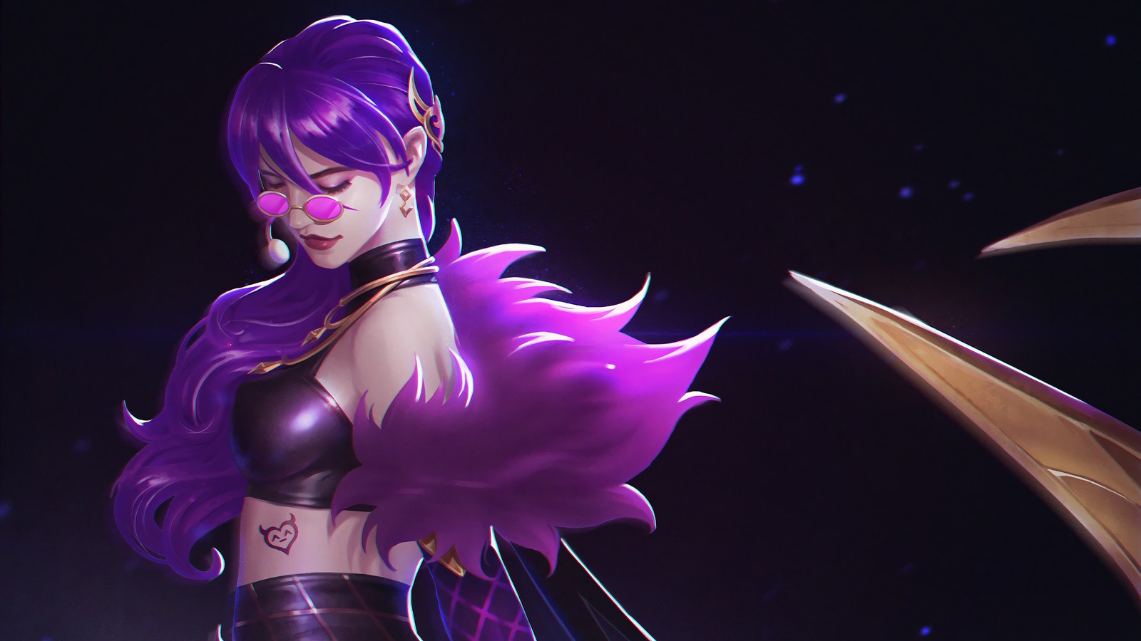 A close up of a woman in a purple outfit holding a sword (evelynn, lol, league of legends, video game)