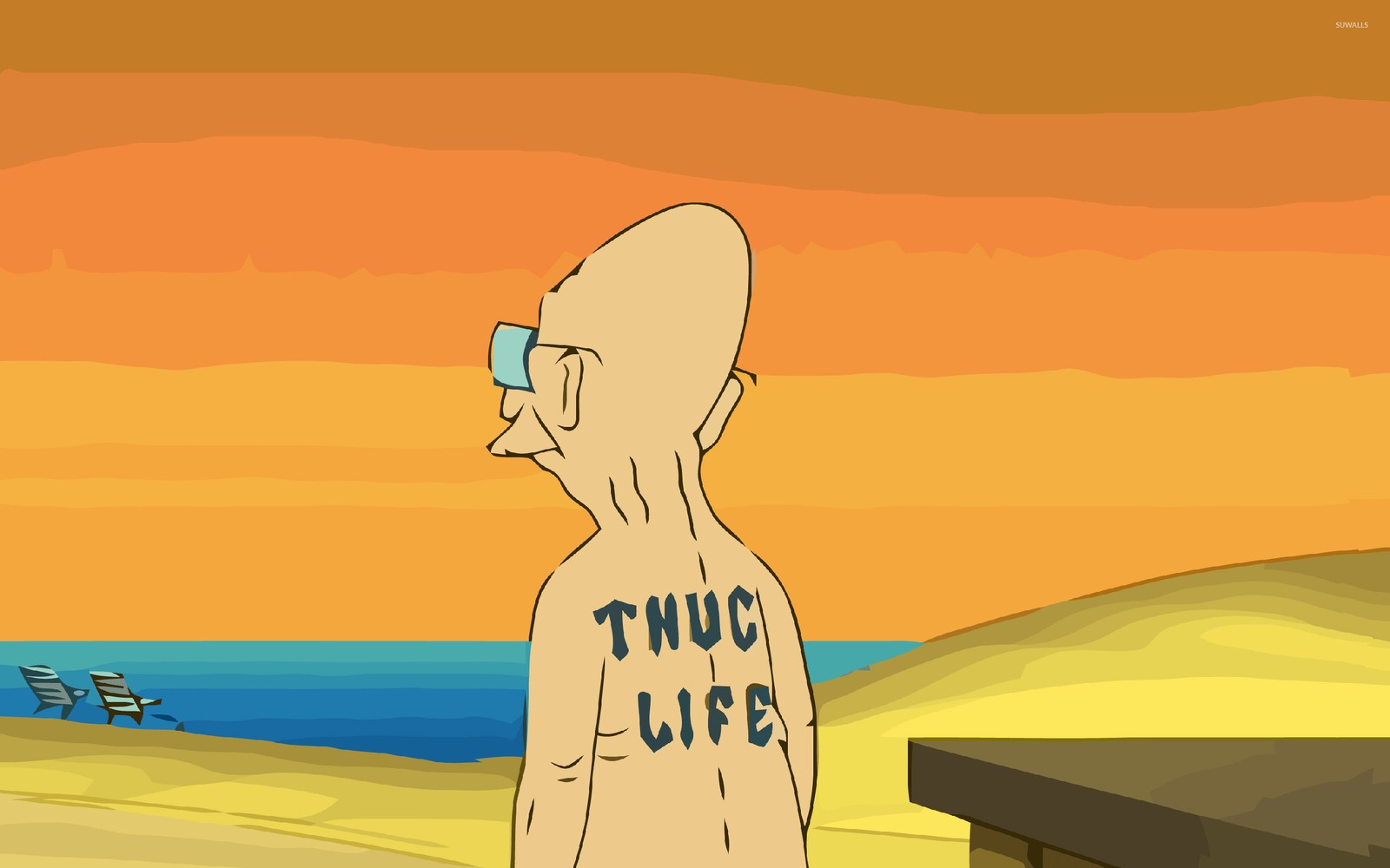 Un hombre de dibujos animados con un tatuaje en la espalda frente a una playa (zoidberg, philip j fry, bender, leela, caricatura)