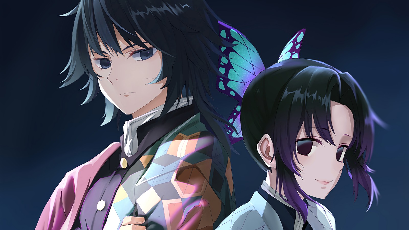 Anime characters with butterfly wings standing next to each other (giyu tomioka, giyuu tomioka, shinobu kocho, shinobu kochou, kimetsu no yaiba)