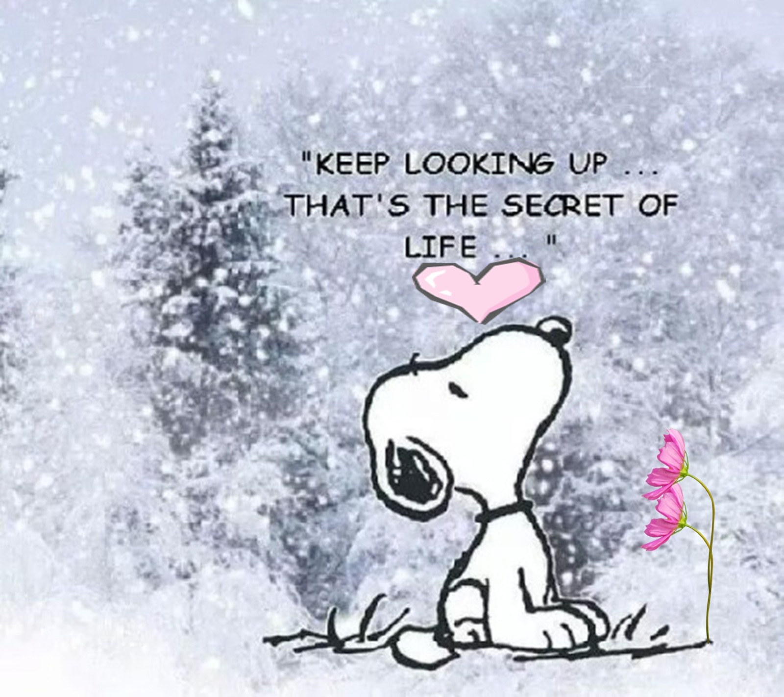 Um snoopy de desenho animado sentado na neve com uma flor rosa (manter, olhando)