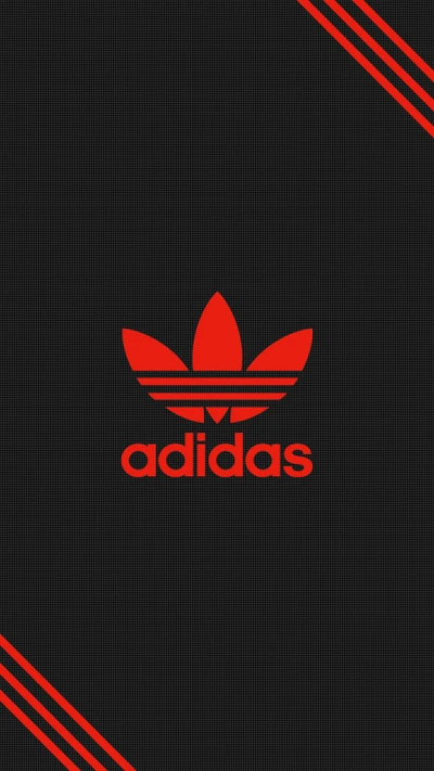 Logotipo vermelho da Adidas em fundo preto com acentos listrados