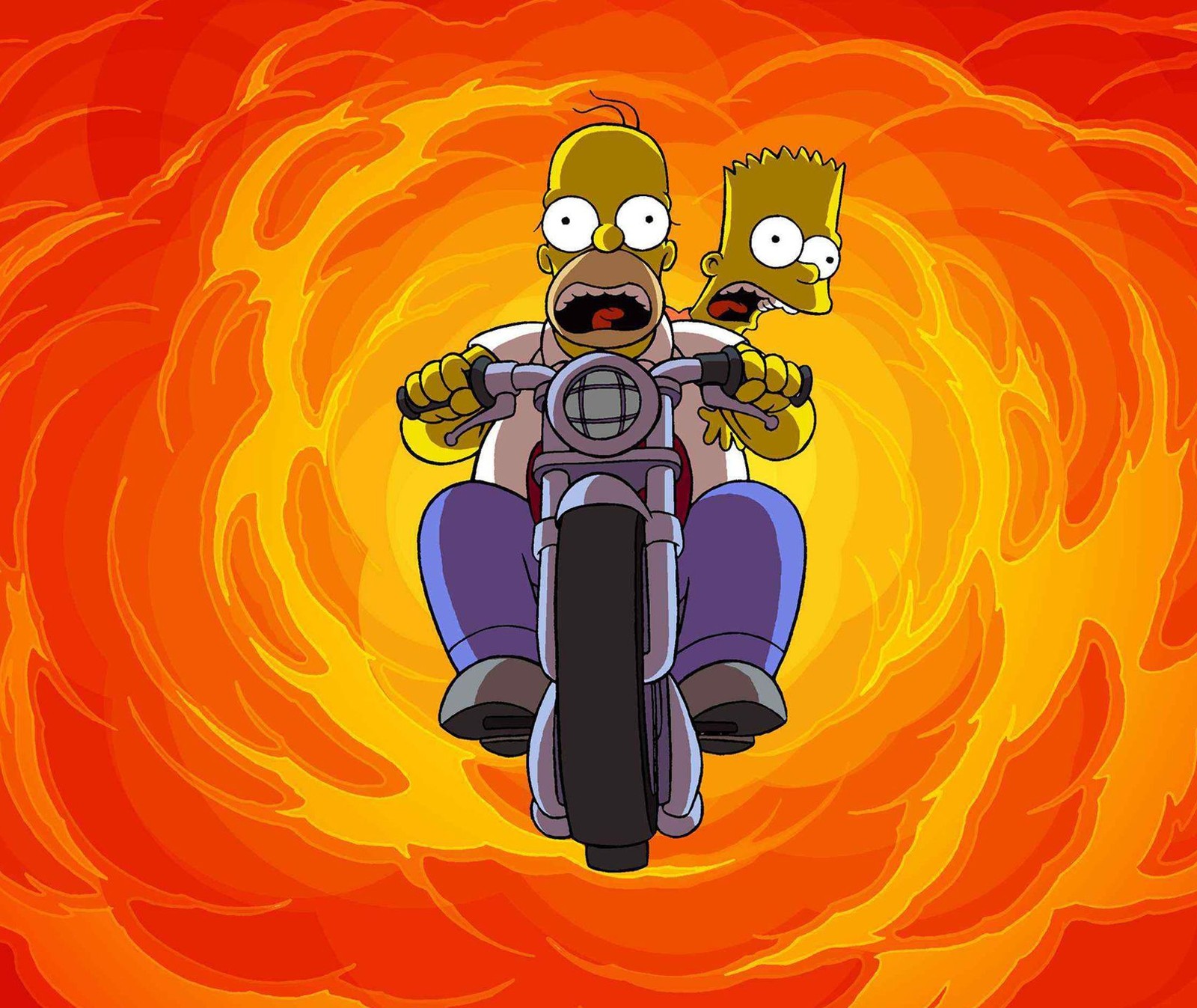 Os simpsons andando de moto com um homem atrás (desenhos animados, os simpsons, the simpsons)