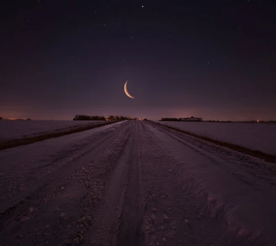 Un paisaje invernal sereno con un camino sinuoso, iluminado por una luna creciente contra un cielo estrellado.