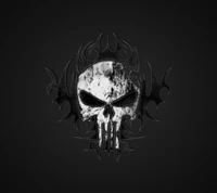 Logotipo estilizado de skull do Justiceiro em fundo escuro