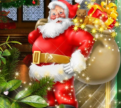 Alegre Santa Claus con bolsa de regalos para Feliz Navidad