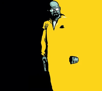 Walter White em um icônico traje amarelo de proteção, segurando uma arma, contra um fundo preto e amarelo contrastante.