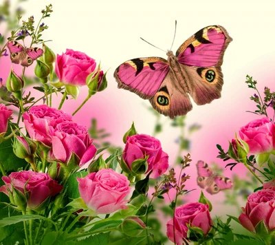 Mariposa elegante entre rosas rosas