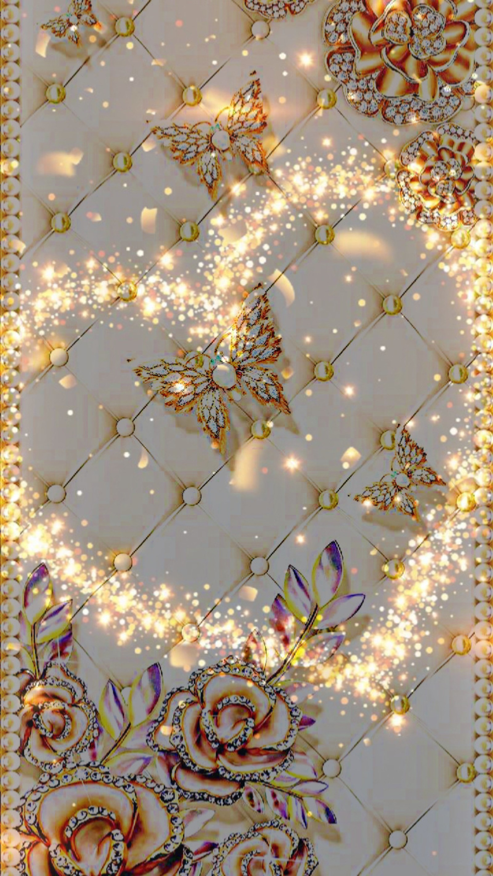 A close up of a picture of a diamond and gold wallpaper (gold, hearts)