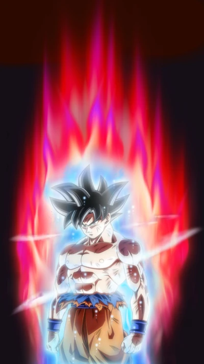 Goku em uma transformação poderosa cercado por energia vibrante e chamas.