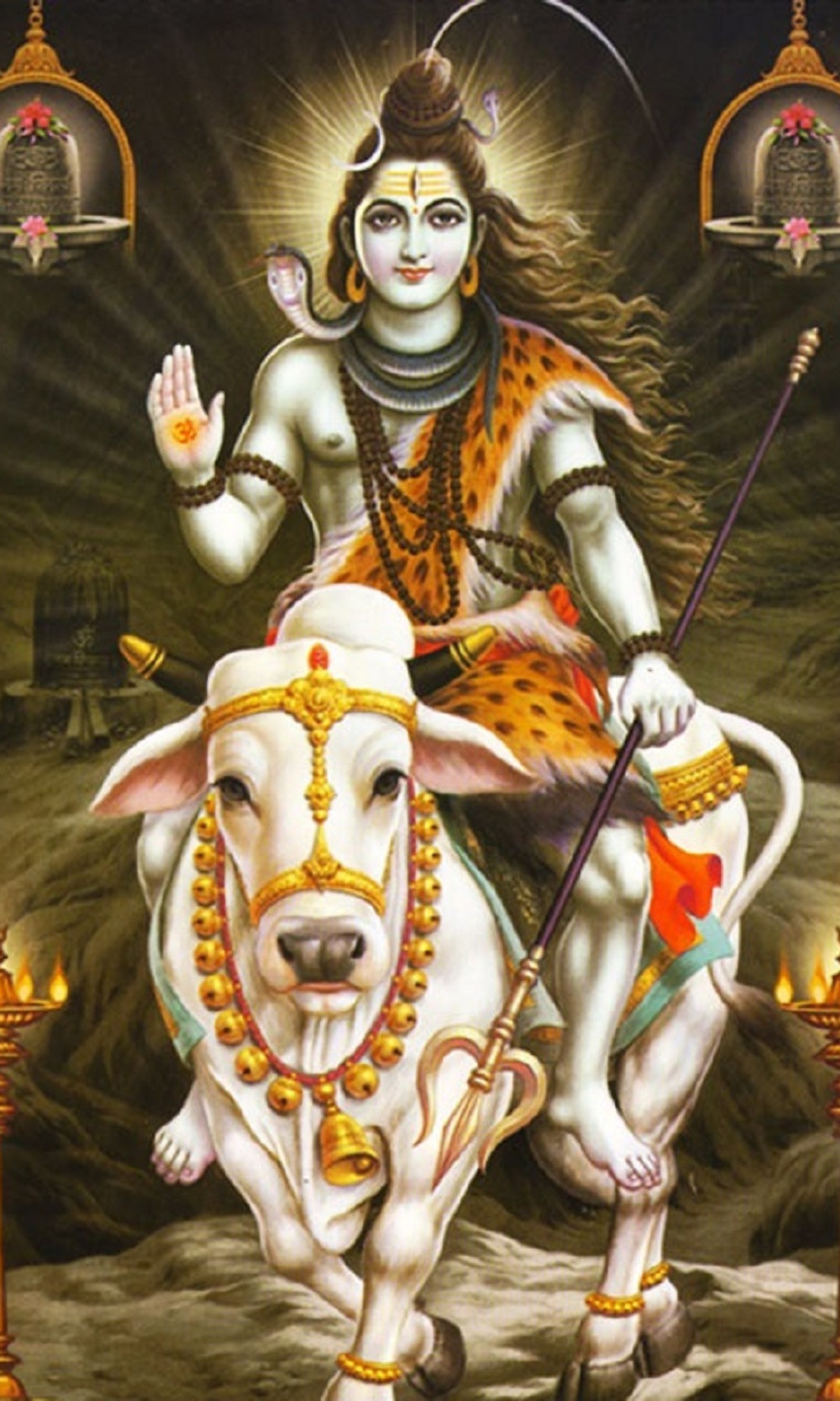 A close up of a painting of a cow with a man on it (hindu god, religion)