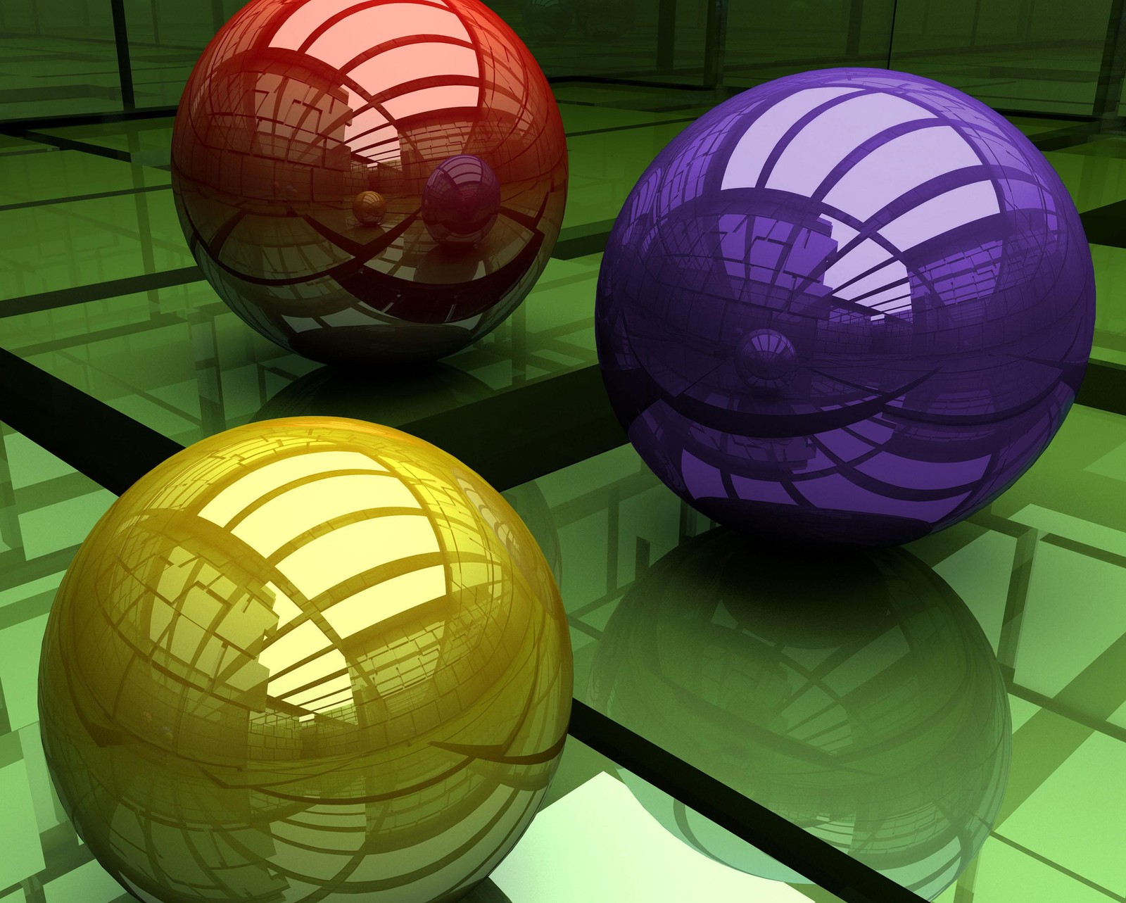 Three colorful balls are sitting on a glass surface (ball, circle, gold, green)