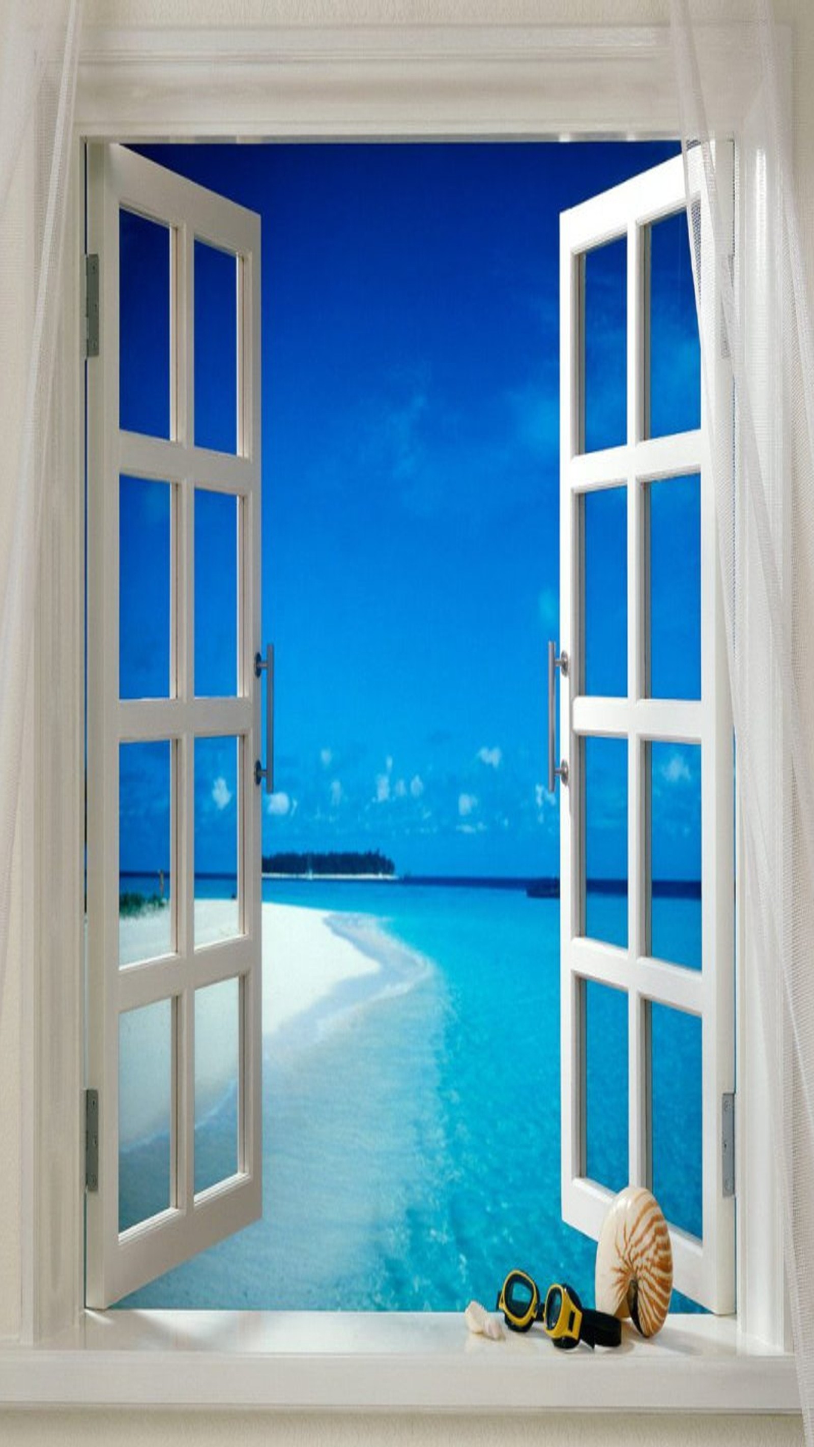 Arafed open window with a view of a beach and ocean (beach, window)