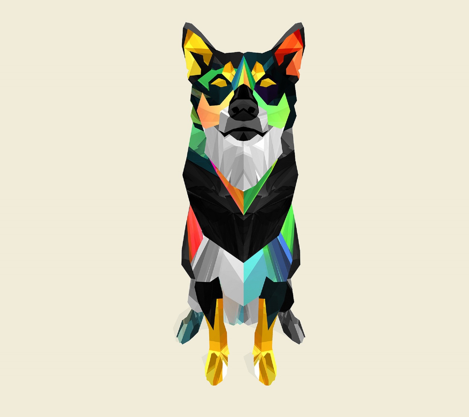 Un primer plano de un perro con un diseño geométrico colorido (animal, perro)