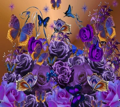 Vibrant Butterflies Amidst Lush Purple Roses