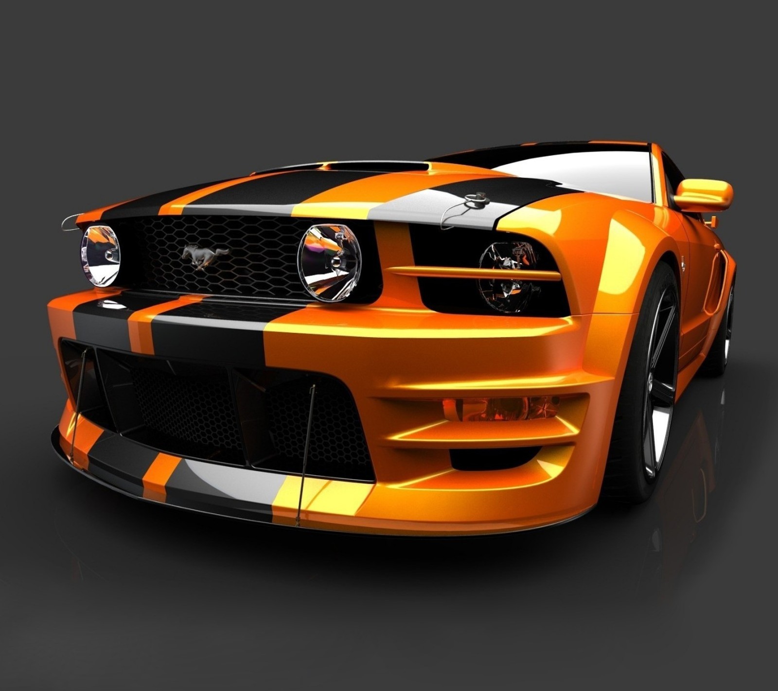 Um close de um carro com uma faixa preta e laranja (black fringes, dk gray wheels, orange car, white panel)