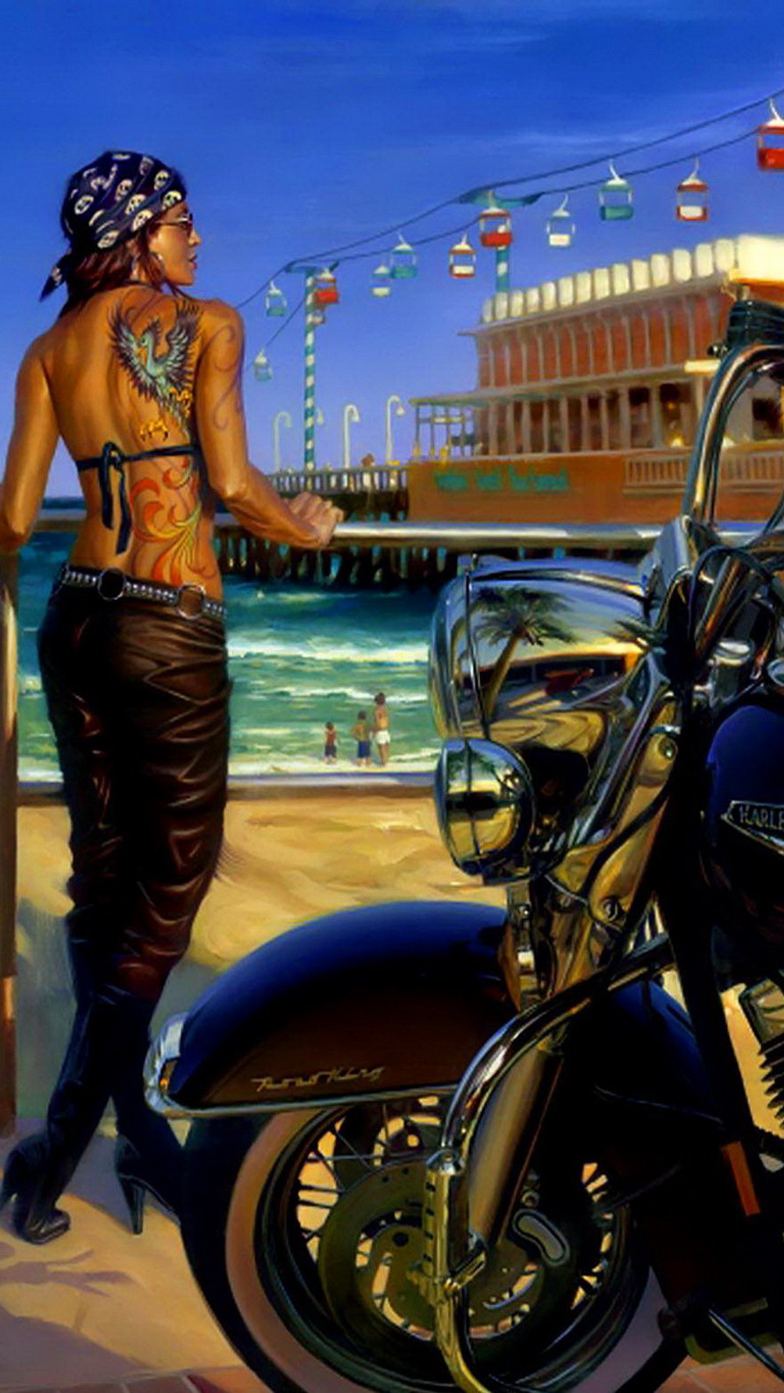 Pintura de uma mulher em pé ao lado de uma motocicleta na praia (bike harley, daytona tatuado, porto, pintura, tatuagem)