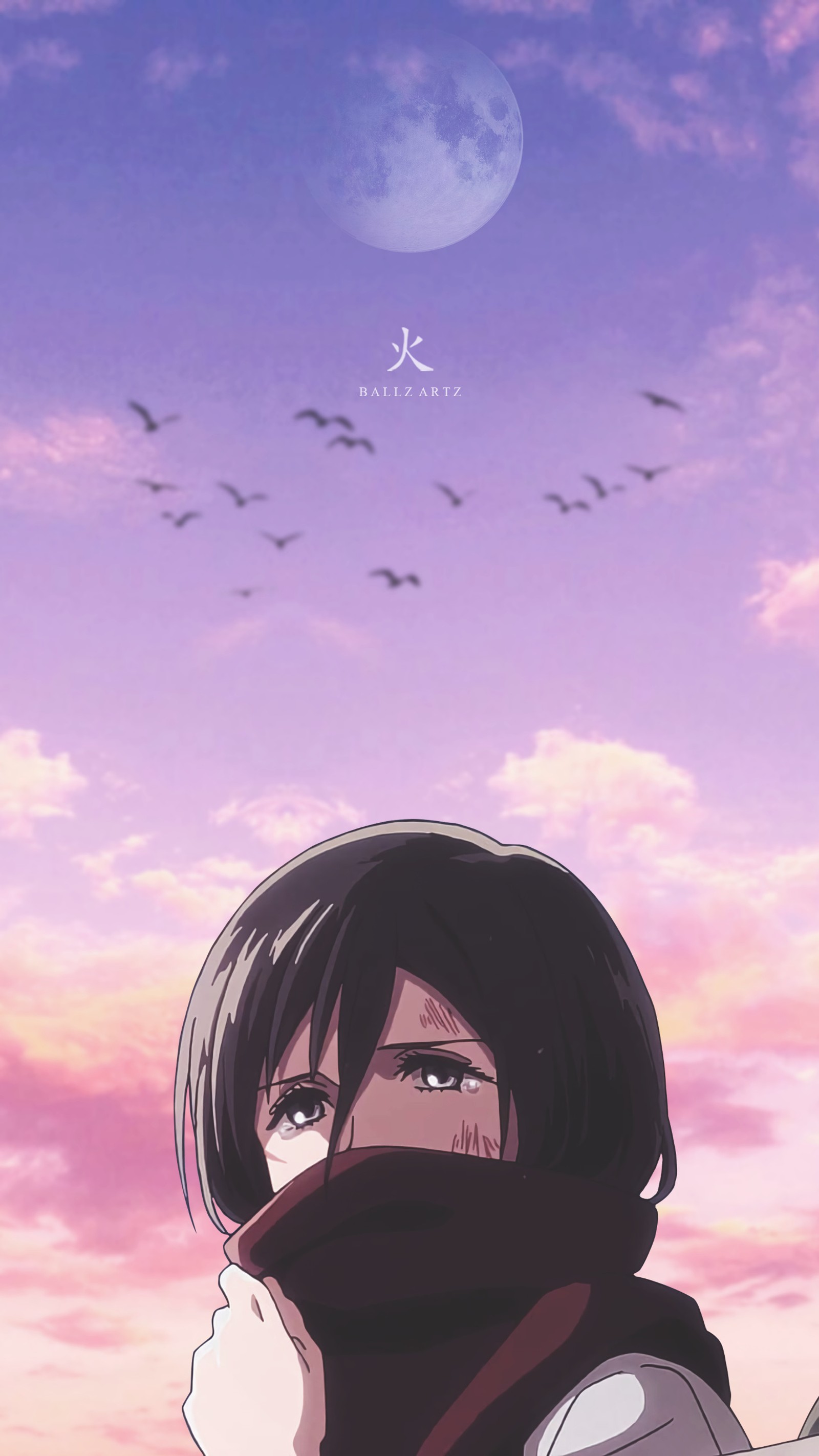 Chica de anime con bufanda mirando al cielo con pájaros volando arriba (anime, eren, niña, levi, mikasa)