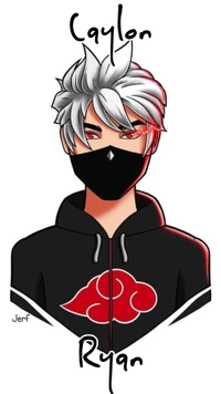 Stilisierte Charaktergestaltung inspiriert von der Gaming-Kultur, mit einer Figur mit stacheligen weißen Haaren und einer schwarzen Maske, die einen Hoodie mit einem roten Wolkenemblem trägt.