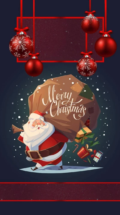 Santa Claus cheerfully carrying a large sack of gifts, surrounded by festive ornaments and a snowy atmosphere, with "Merry Christmas" elegantly displayed.