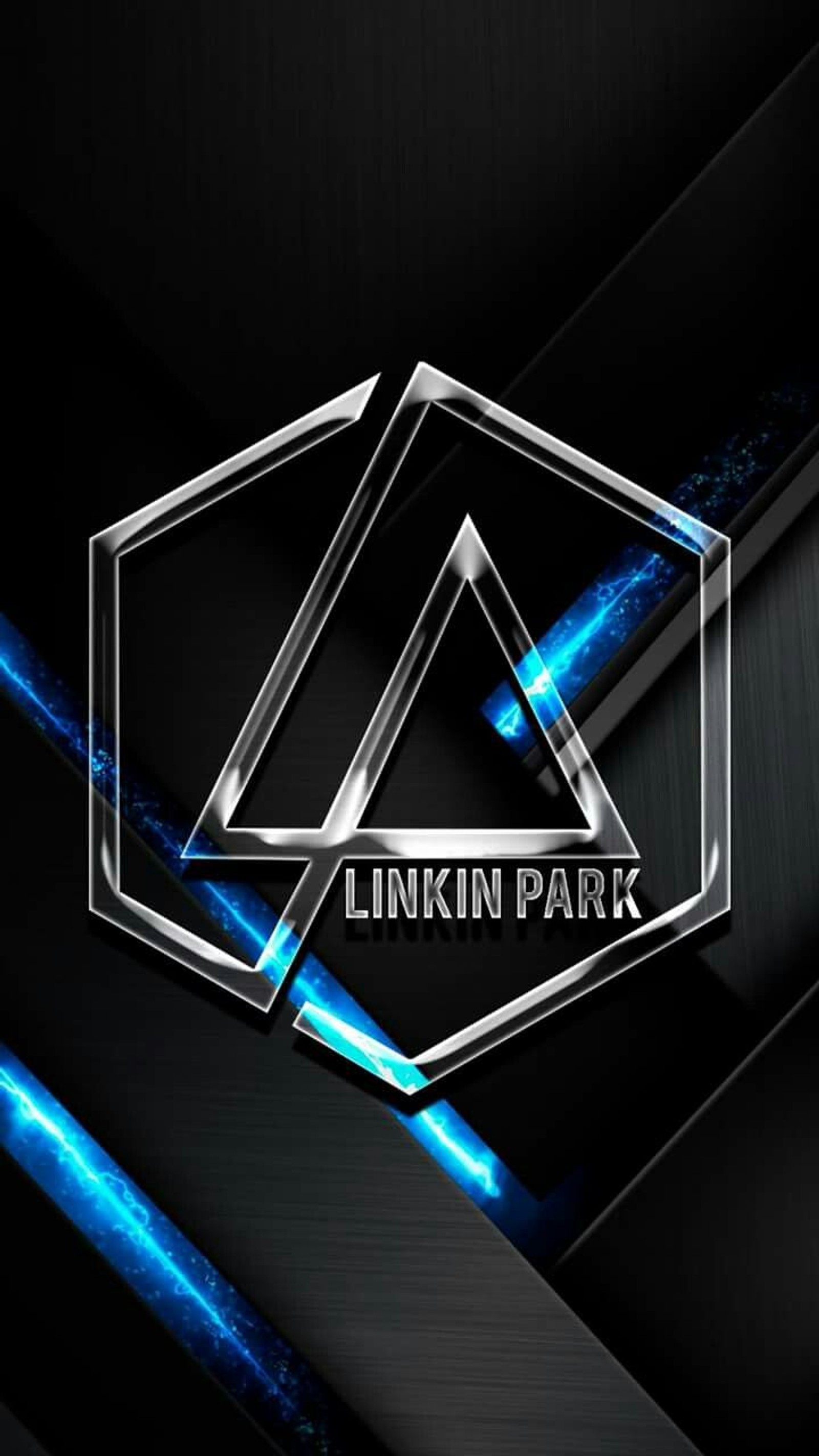 Un logo noir et bleu avec un triangle et une ligne bleue (linkin park, logo)