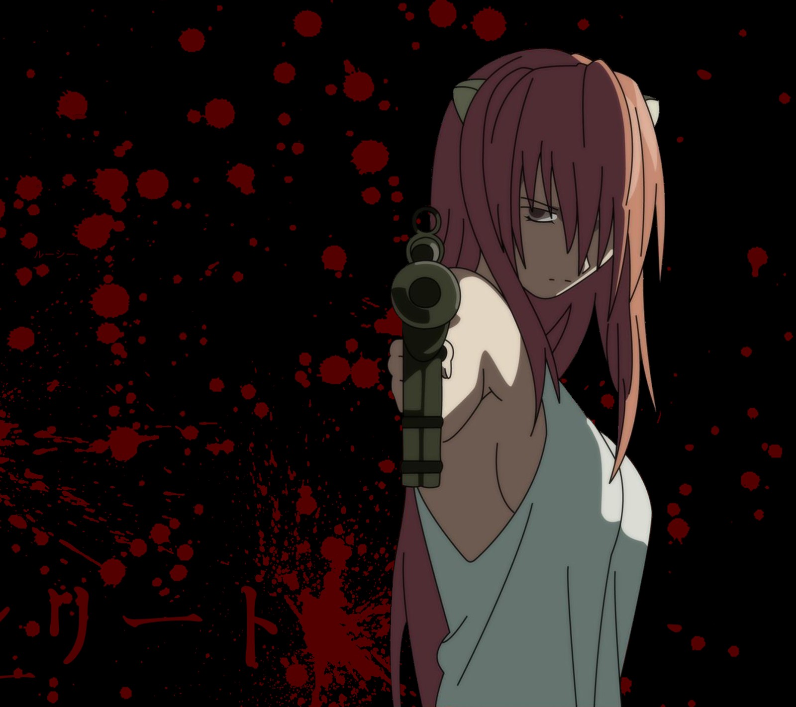 Fille anime avec une arme à la main sur un fond éclaboussé de sang (anime, elfen lied, lucy, nyu)