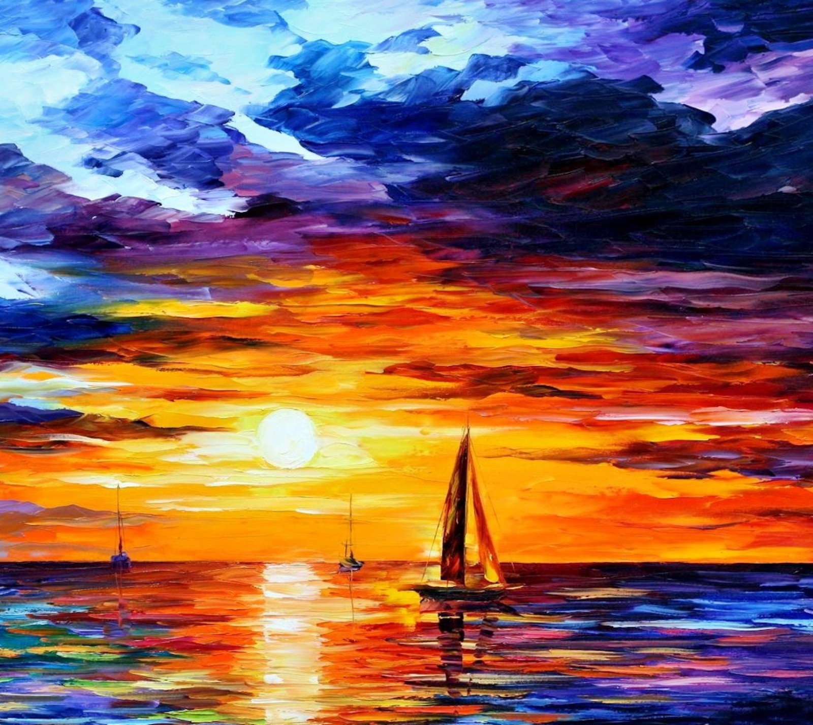 A painting of a sailboat in the ocean at sunset (by thomas kinkade, painting sunset)