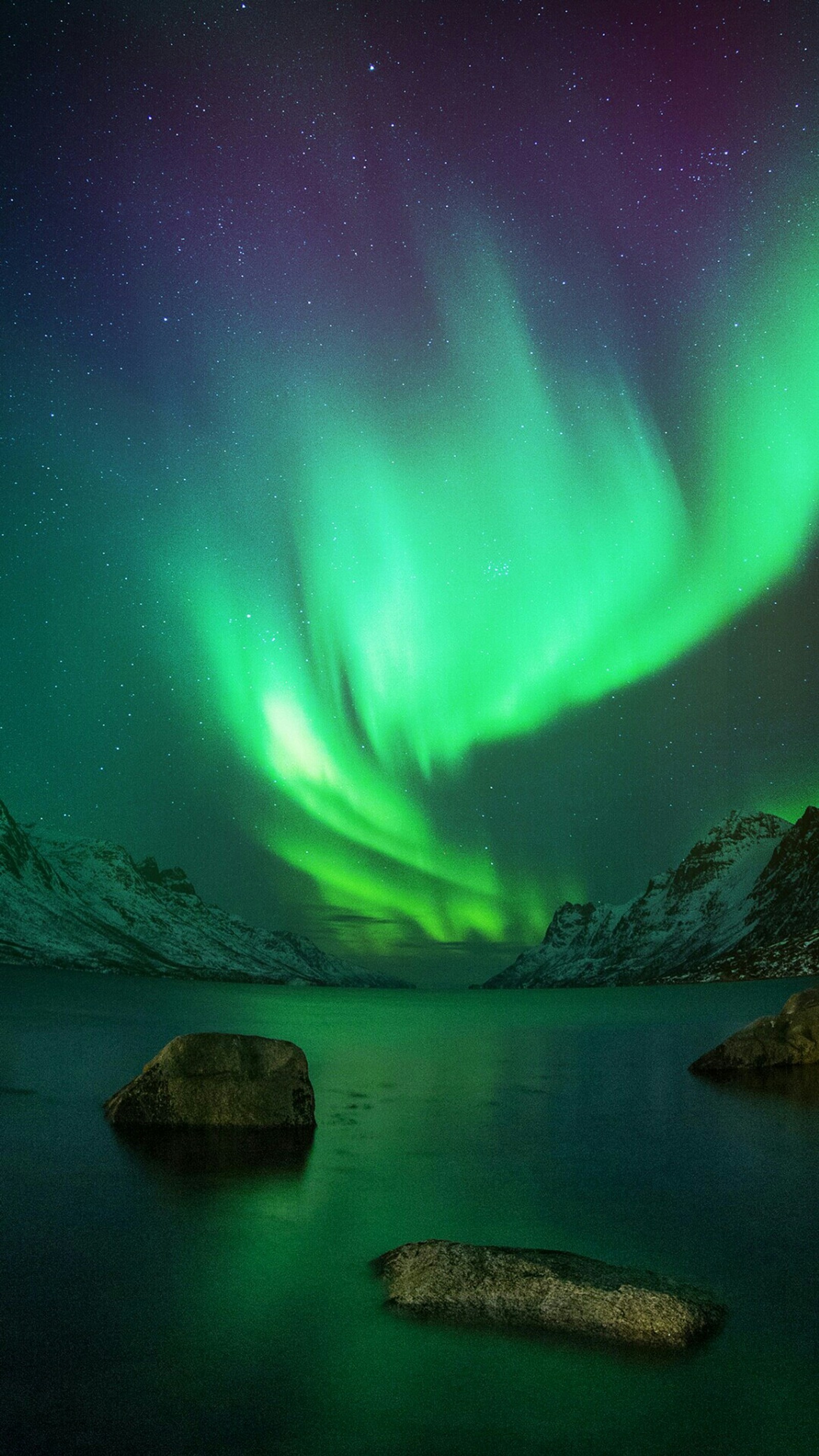 Arafed image of a green and purple aurora bore over a lake (blue, colors, green, sky)