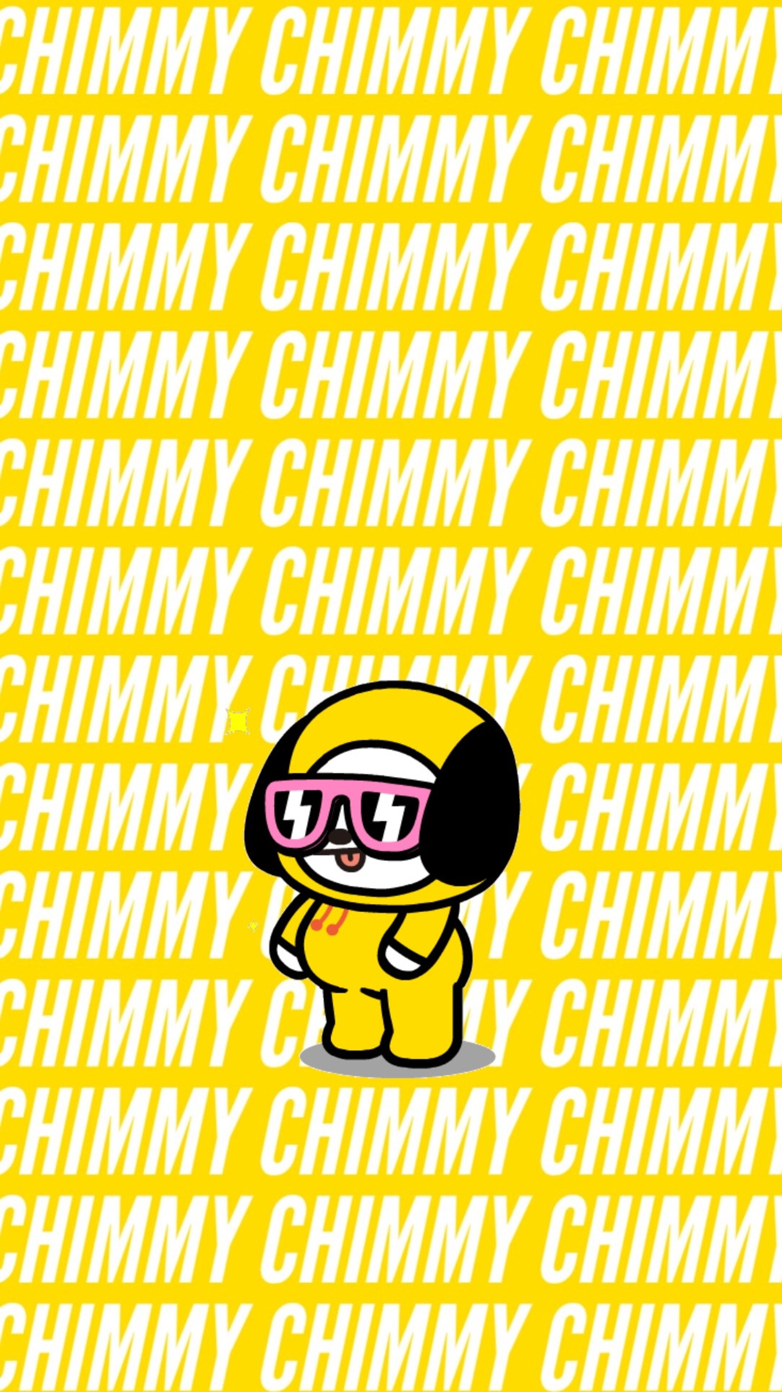 A close up of a cartoon character wearing sunglasses on a yellow background (bt21, bts, chimmy, cute, jimin)