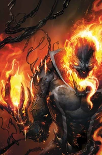 Furious Ghost Rider Surrounded by Flames and Shadows