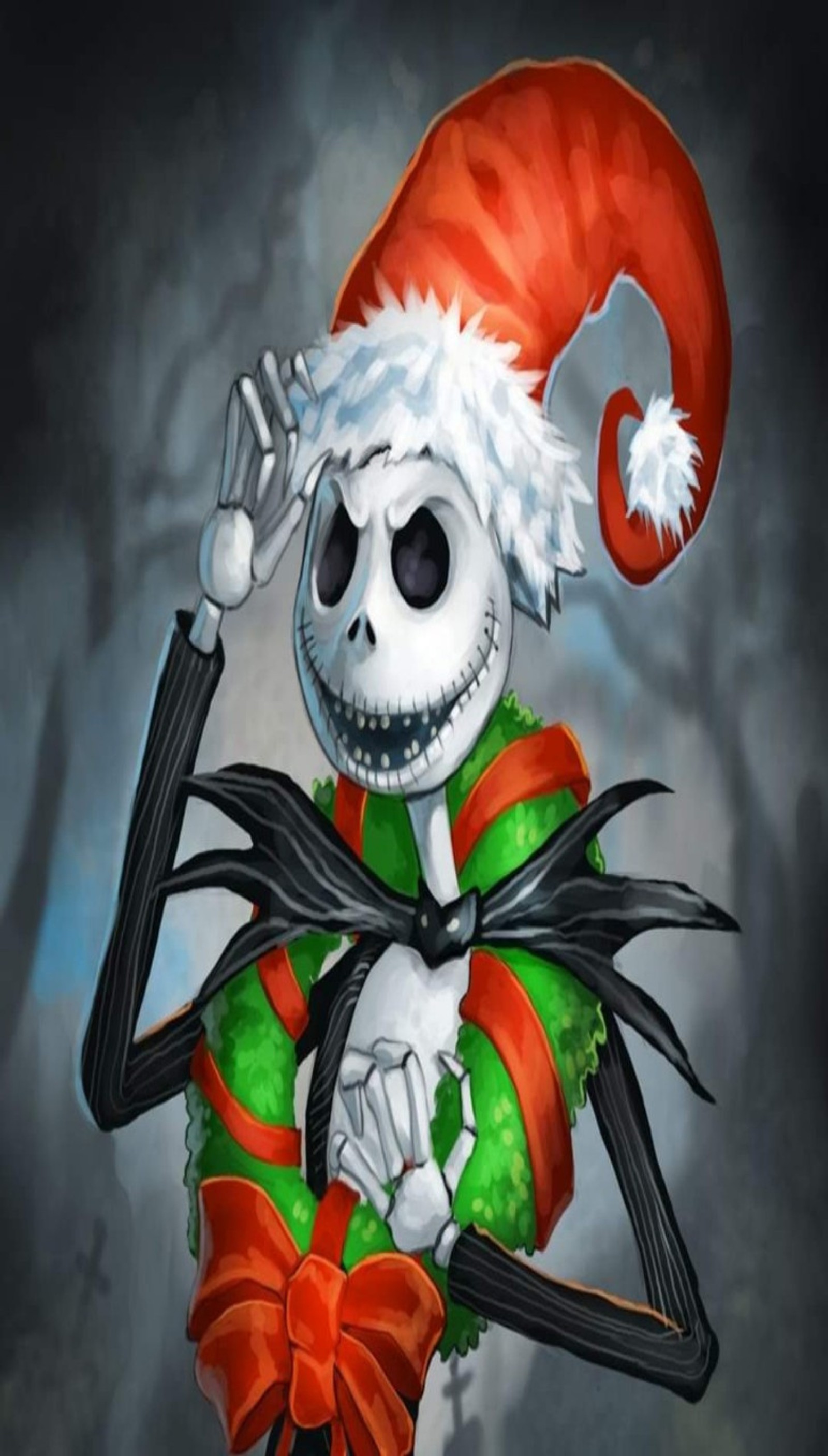 Eine nahaufnahme eines cartoon-charakters, der einen weihnachtsmann-hut trägt (weihnachten, ferien, jack, skellington)