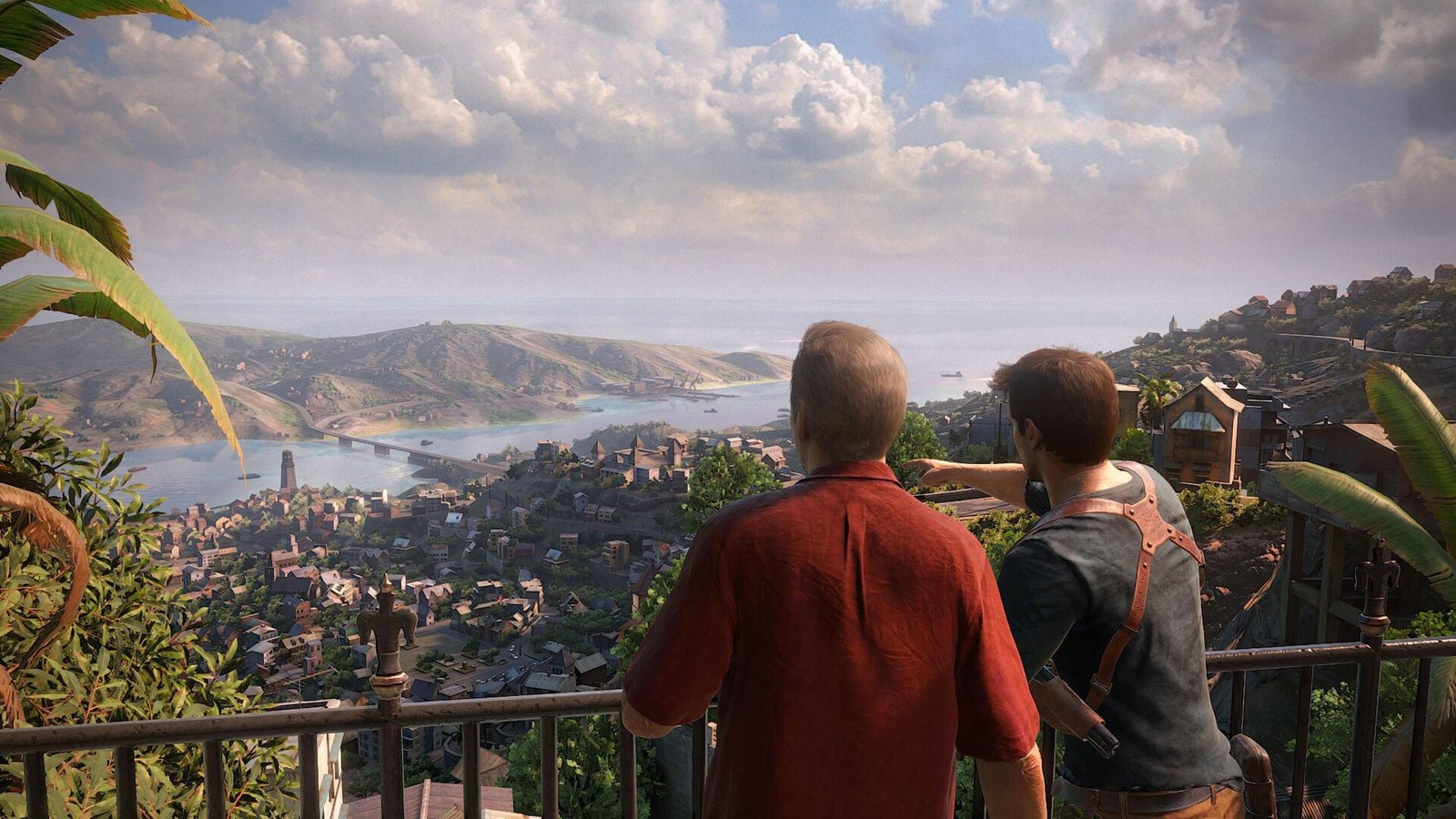 Vue arabe d'une ville et d'un lac depuis un balcon (uncharted 4 a thiefs end, nathan drake, naughty dog, playstation 4, tourisme)