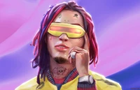 Rapper de desenho animado legal com cabelo colorido e óculos de sol estilosos