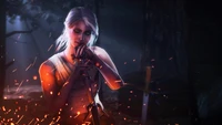 Ciri in a moment of reflection, surrounded by sparks in a mystical forest setting from "The Witcher 3: Wild Hunt.