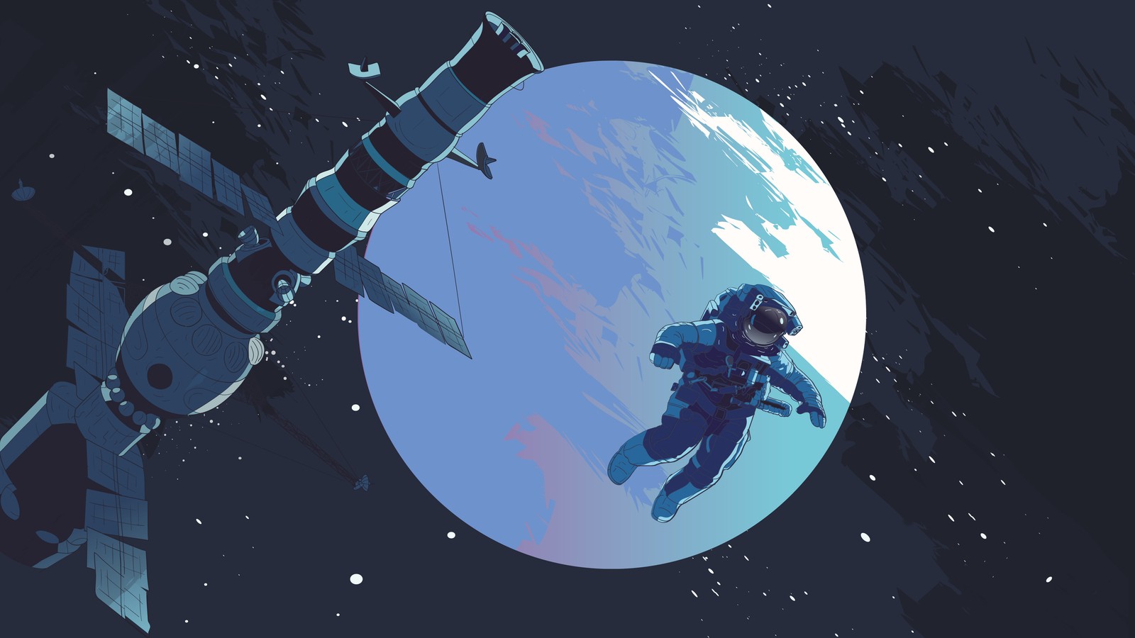 Illustration of a man in space suit floating in front of a space station (astronaut, space, satellite, moon, digital art)