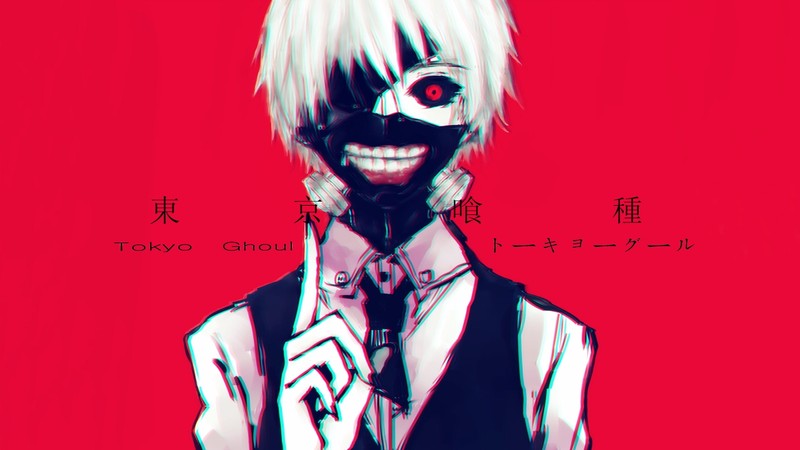 Аниме-персонаж с маской и галстуком на красном фоне (токийский гуль, tokyo ghoul, аниме, anime, манга)